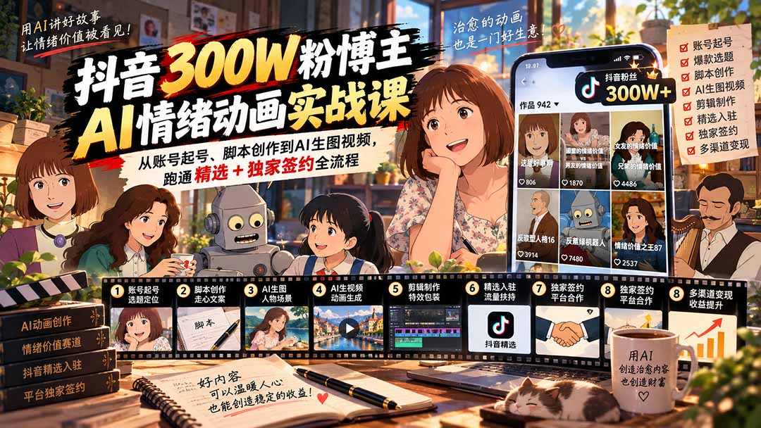 图片[1]-抖音300W粉博主AI情绪动画实战课：从账号起号、脚本创作到AI生图视频，跑通精选+独家签约全流程-酷乐网