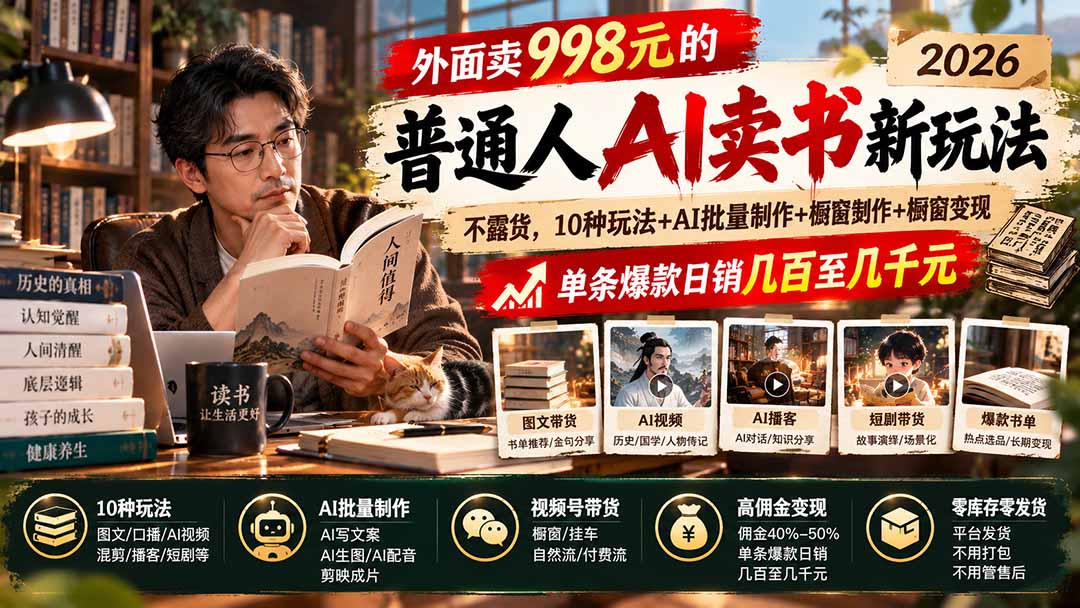 图片[1]-外面卖998元的2026普通人AI卖书新玩法：不露脸、不囤货，10种玩法+AI批量制作+橱窗变现，单条爆款日销几百至几千元-酷乐网