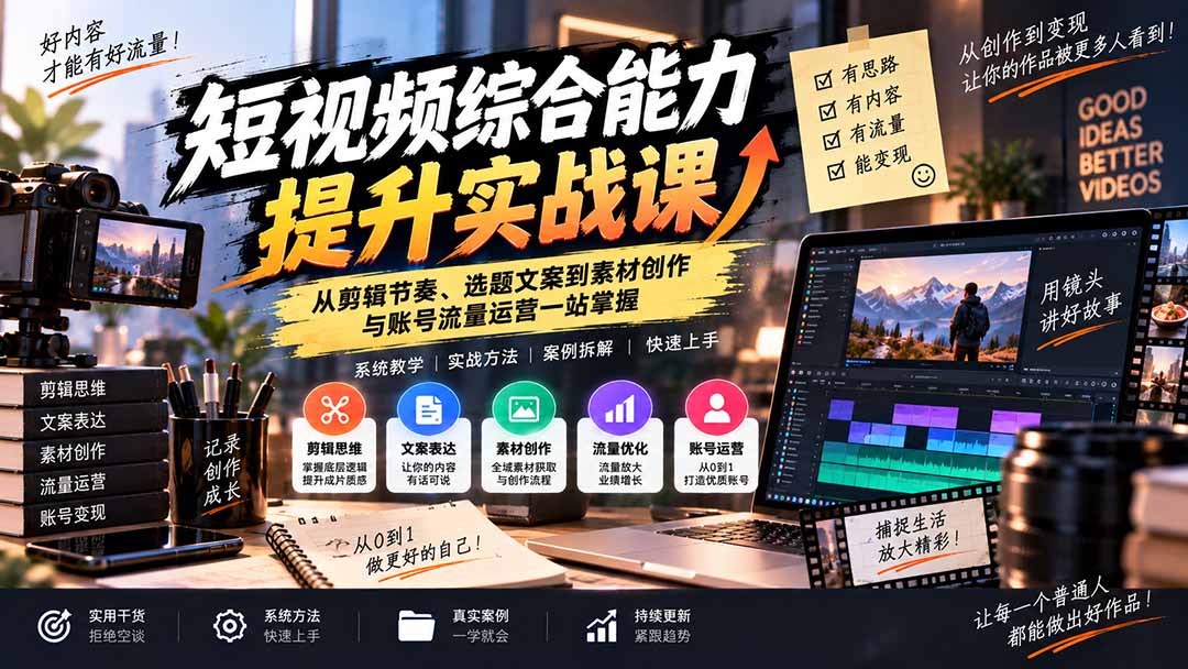 短视频综合能力提升实战课:从剪辑节奏、选题文案到素材创作与账号流量运营一站掌握-酷乐网