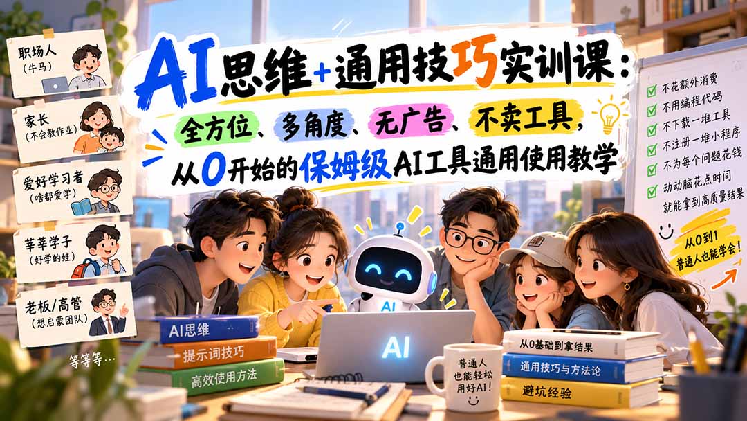 AI思维+通用技巧实训课:全方位、多角度、无广告、不卖工具,从0开始的保姆级AI工具通用使用教学-酷乐网
