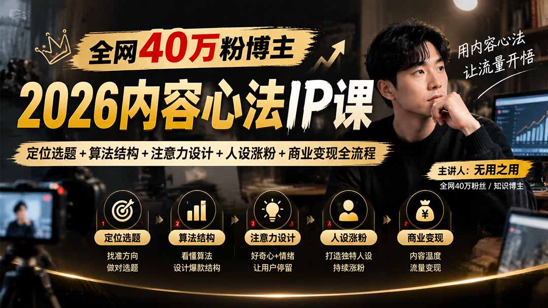 图片[1]-全网40万粉博主-2026内容心法IP课：定位选题+算法结构+注意力设计+人设涨粉+商业变现全流程-酷乐网