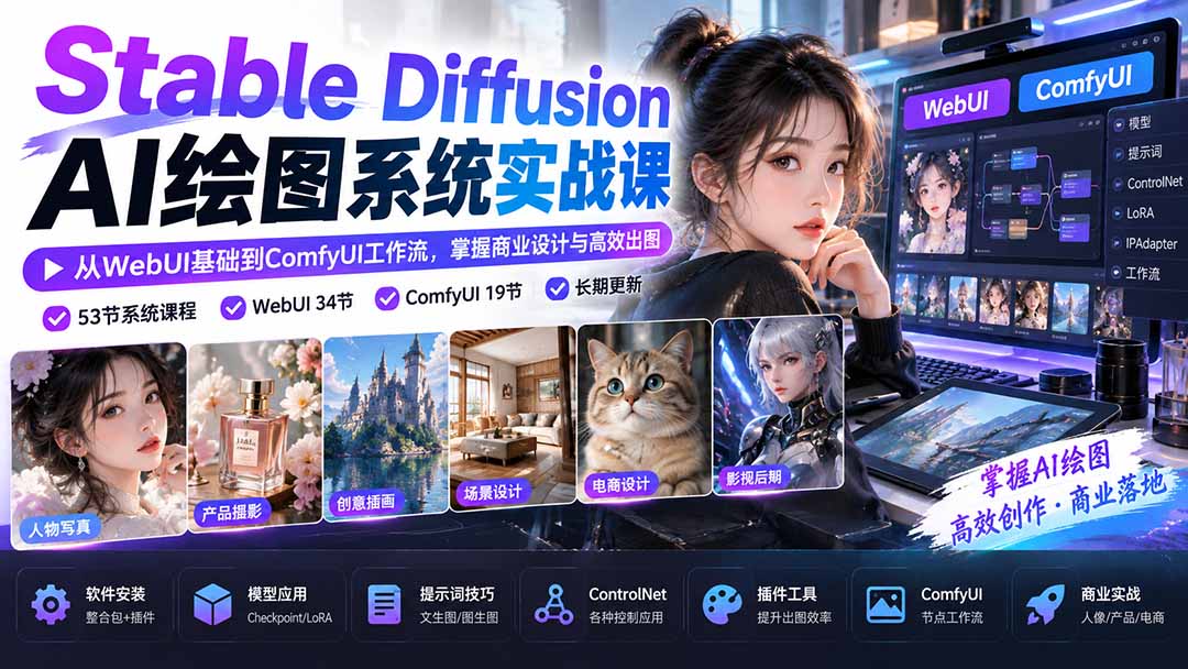 Stable Diffusion AI绘图系统实战课:从WebUI基础到ComfyUI工作流,掌握商业设计与高效出图-酷乐网