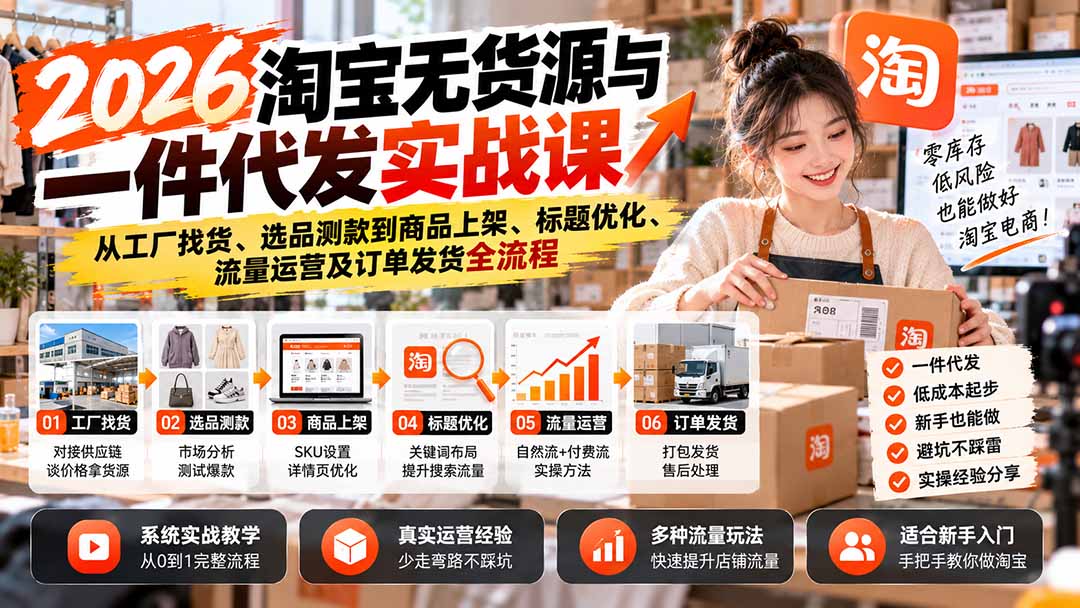 2026淘宝无货源与一件代发实战课:从工厂找货、选品测款到商品上架、标题优化、流量运营及订单发货全流程-酷乐网