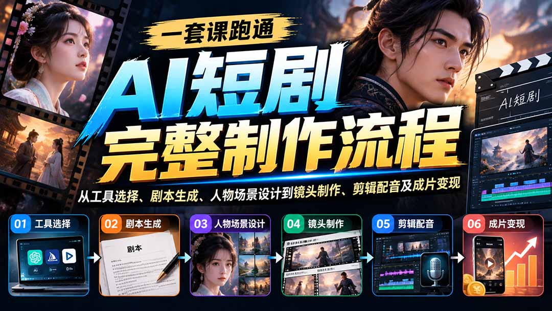 一套课跑通AI短剧完整制作流程:从工具选择、剧本生成、人物场景设计到镜头制作、剪辑配音及成片变现-酷乐网