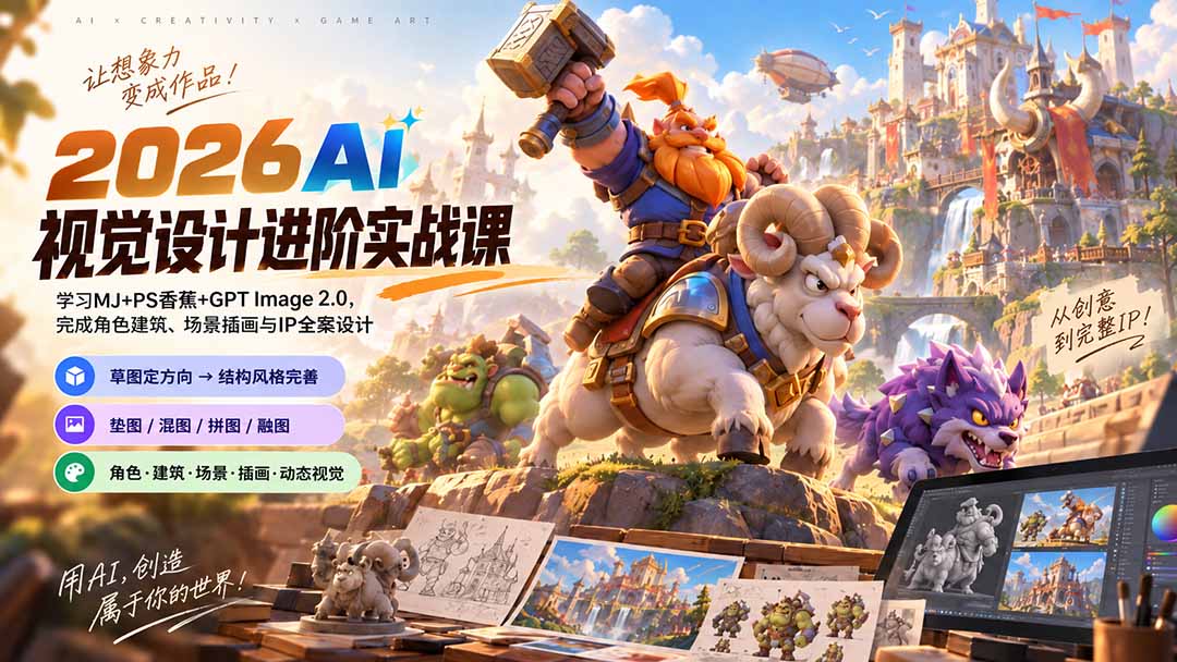 2026AI视觉设计进阶实战课-更新1007:学习MJ+PS香蕉+GPT Image 2.0,完成角色建筑、场景插画与IP全案设计-酷乐网