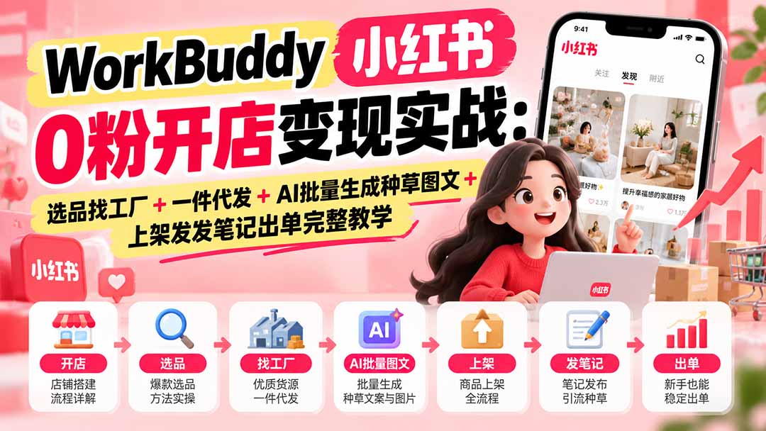 WorkBuddy小红书0粉开店变现实战：选品找工厂+一件代发+AI批量生成种草图文+上架发发笔记出单完整教学-酷乐网