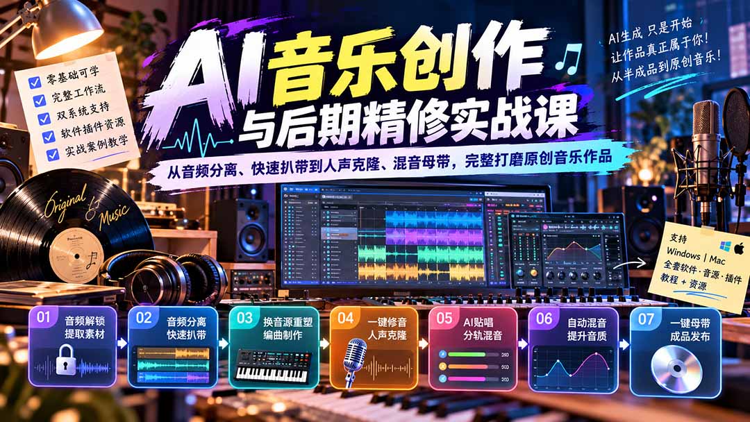 图片[1]-AI音乐创作与后期精修实战课：从音频分离、快速扒带到人声克隆、混音母带，完整打磨原创音乐作品-酷乐网