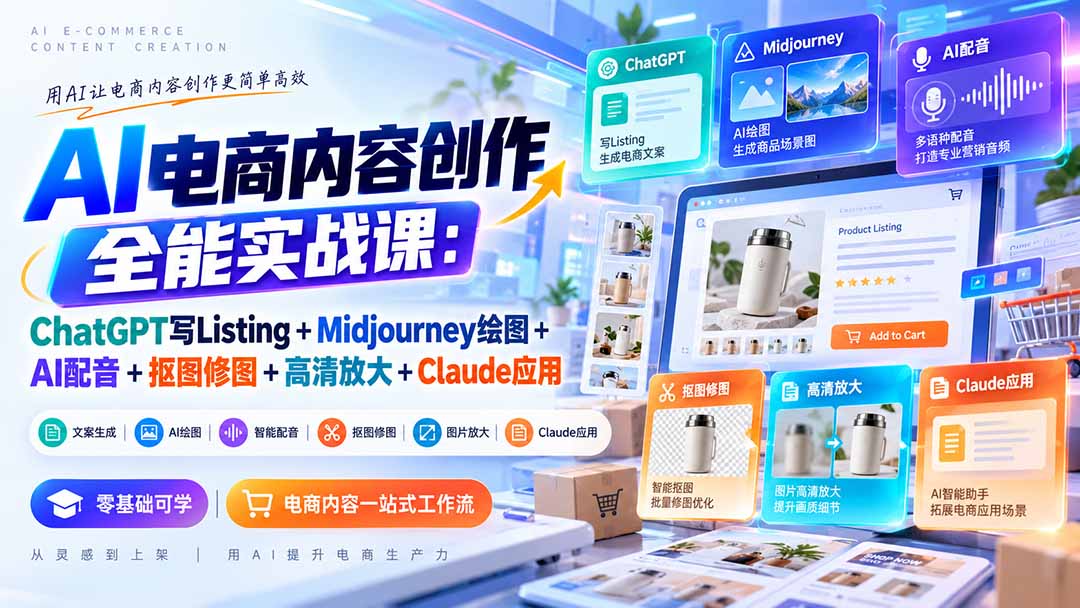 【无水印】AI电商内容创作全能实战课：ChatGPT写Listing+Midjourney绘图+AI配音+抠图修图+高清放大+Claude应用-酷乐网