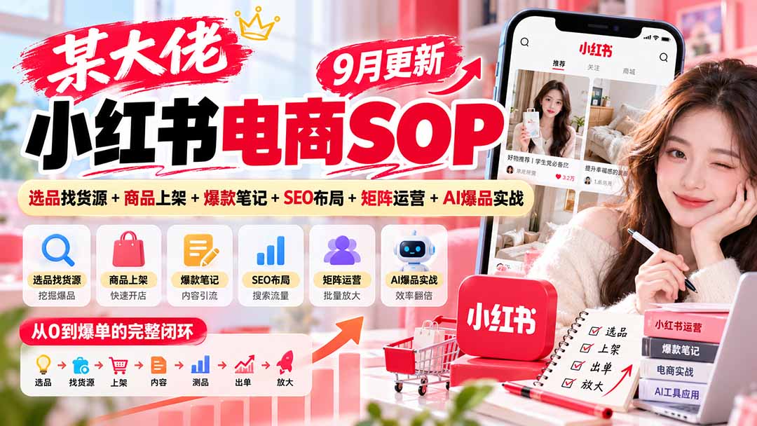 某大佬小红书电商SOP|9月更新:选品找货源+商品上架+爆款笔记+SEO布局+矩阵运营+AI爆品实战-酷乐网