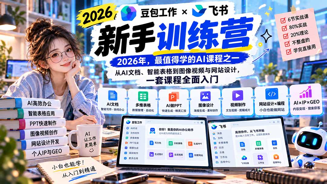 图片[1]-2026豆包工作+飞书新手训练营-9月新课：从AI文档、智能表格到图像视频与网站设计，一套课程全面入门-酷乐网