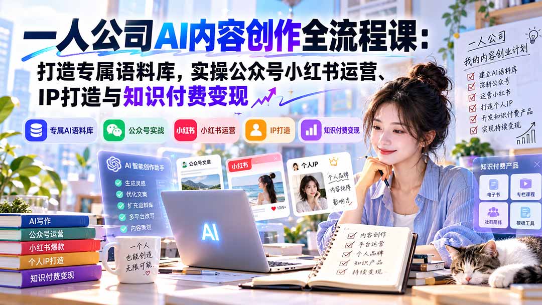 一人公司AI内容创作全流程课:打造专属语料库,实操公众号小红书运营、IP打造与知识付费变现方法论-酷乐网
