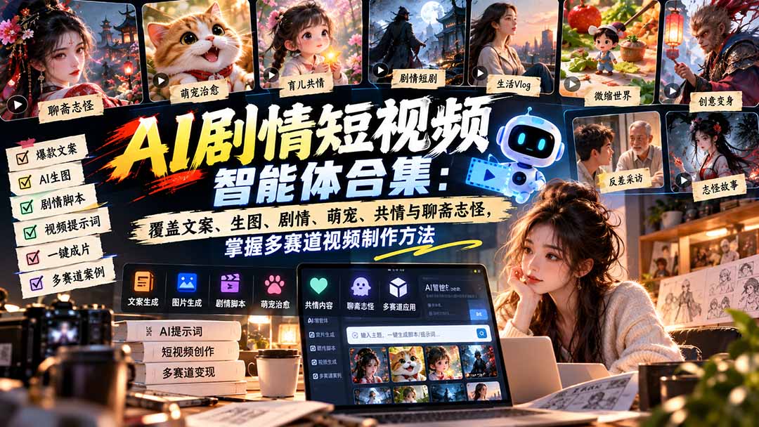 【无水印】AI剧情短视频智能体合集:覆盖文案、生图、剧情、萌宠、共情与聊斋志怪,掌握多赛道视频制作方法-酷乐网
