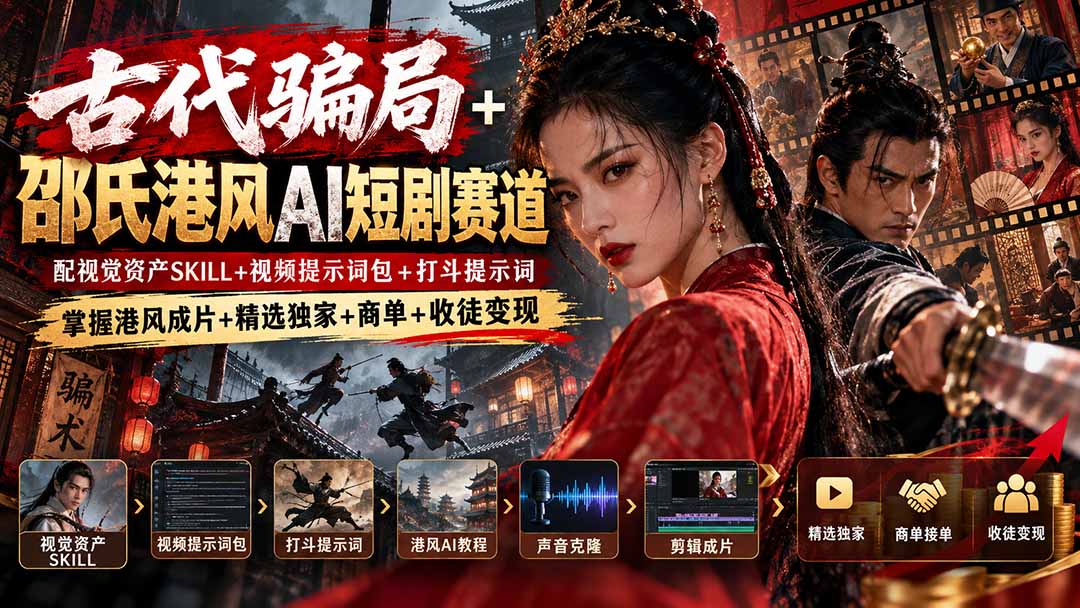 古代骗局+邵氏港风AI短剧赛道:配视觉资产SKILL+视频提示词包+打斗提示词,掌握港风成片+精选独家+商单+收徒变现-酷乐网
