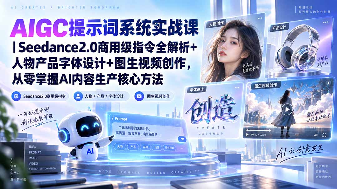 AIGC提示词系统实战课-无水印|Seedance2.0商用级指令全解析+人物产品字体设计+图生视频创作,掌握AI内容生产方法-酷乐网