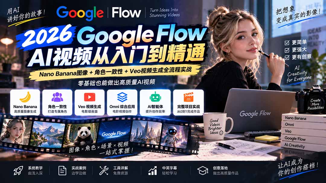 图片[1]-【无水印】Google Flow AI视频从入门到精通：Nano Banana图像+角色一致性+Veo视频生成全流程实战-精翻中英字幕-酷乐网