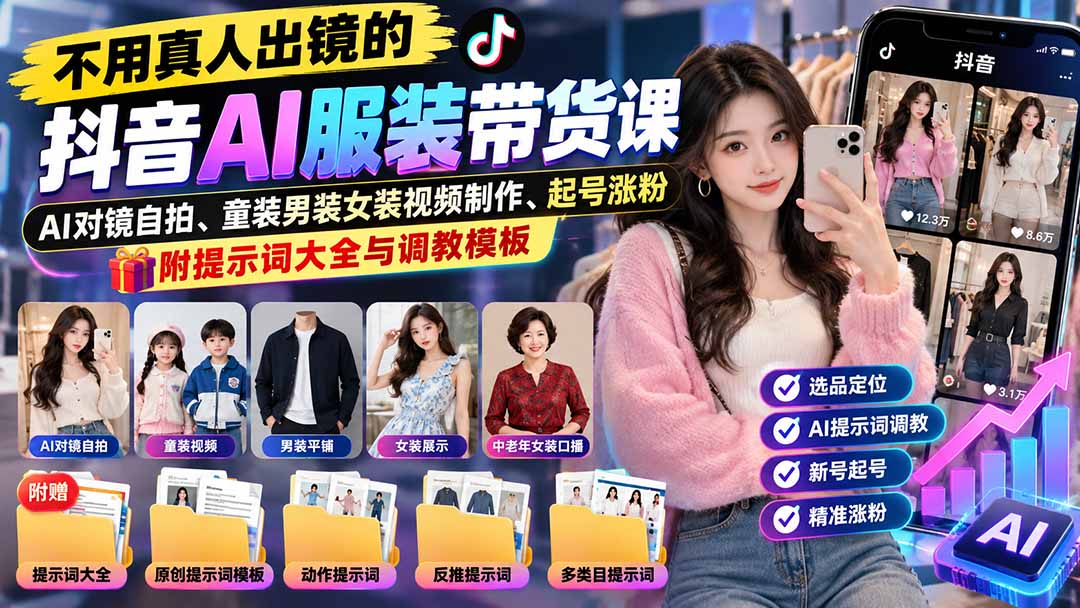 图片[1]-不用真人出镜的抖音AI服装带货课：AI对镜自拍、童装男装女装视频制作、起号涨粉，附提示词大全与调教模板-酷乐网