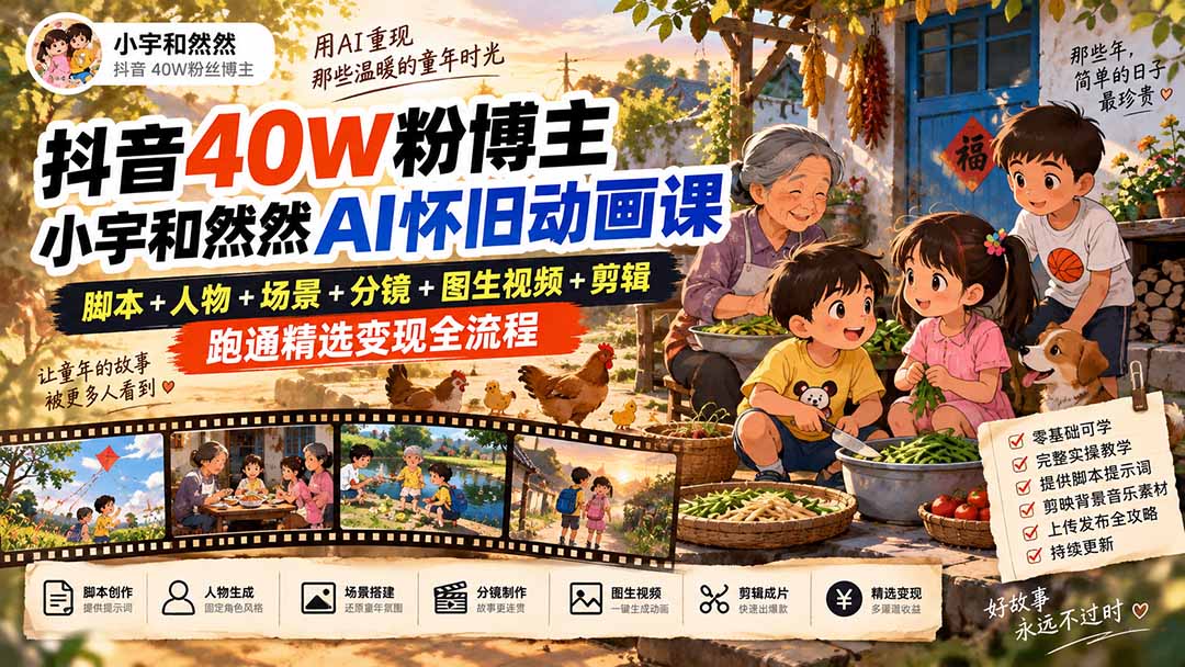 抖音40W粉博主小宇和然然AI怀旧动画课｜脚本+人物+场景+分镜+图生视频+剪辑，跑通精选变现全流程-酷乐网