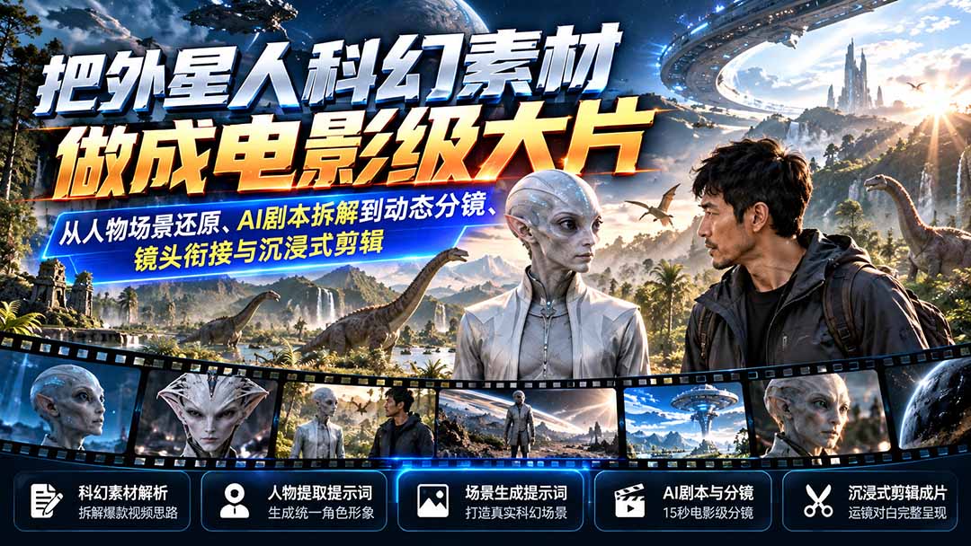 把外星人科幻素材做成电影级大片：从人物场景还原、AI剧本拆解到动态分镜、镜头衔接与沉浸式剪辑-酷乐网