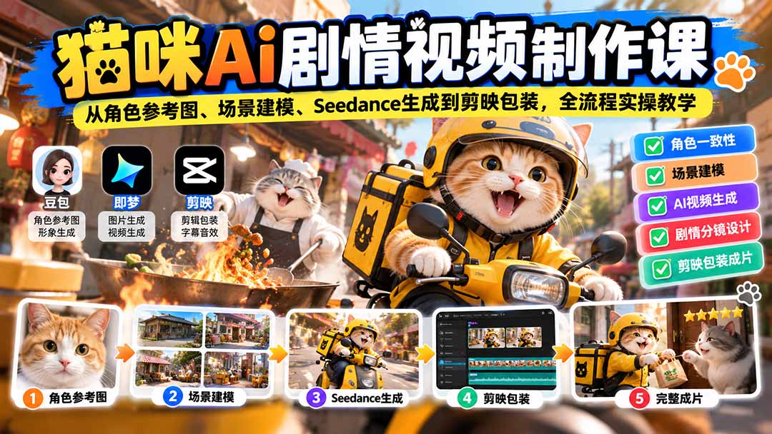 猫咪AI剧情视频制作课：从角色参考图、场景建模、Seedance生成到剪映包装，全流程实操教学-酷乐网