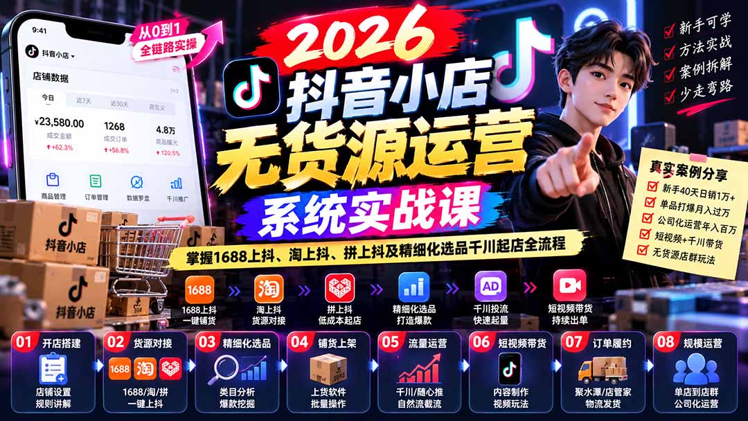 2026抖音小店无货源运营系统实战课:掌握1688上抖、淘上抖、拼上抖及精细化选品千川起店全流程-酷乐网