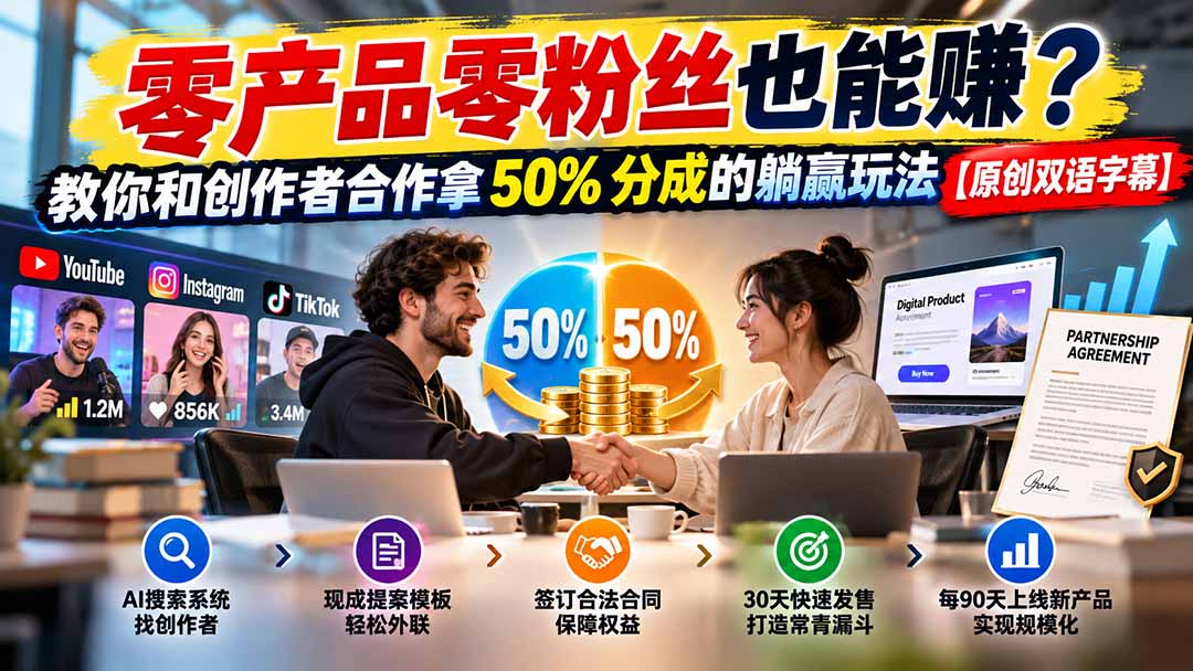 零产品零粉丝也能赚？教你和创作者合作拿 50% 分成的躺赢玩法【原创双语字幕】-酷乐网