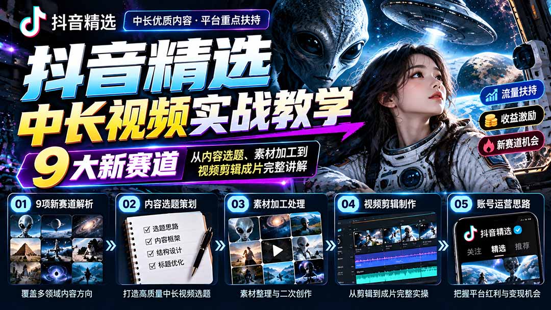 抖音精选中长视频实战教学：拆解9项细分赛道，从内容选题、素材加工到视频剪辑成片完整讲解-酷乐网