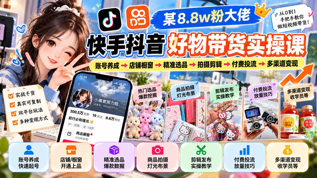 某8.8w粉大佬快手抖音好物带货实操课:账号养成→店铺橱窗→精准选品→拍摄剪辑→付费投流→多渠道变现-酷乐网