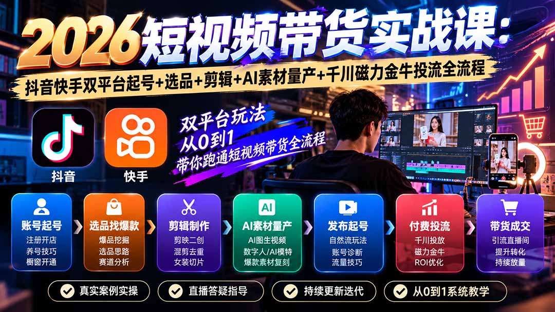 图片[1]-2026短视频带货实战课9月：打通“账号搭建→选品→素材→AI创作→剪辑发布→起号流量→投流放量→带货成交”完整链路-酷乐网