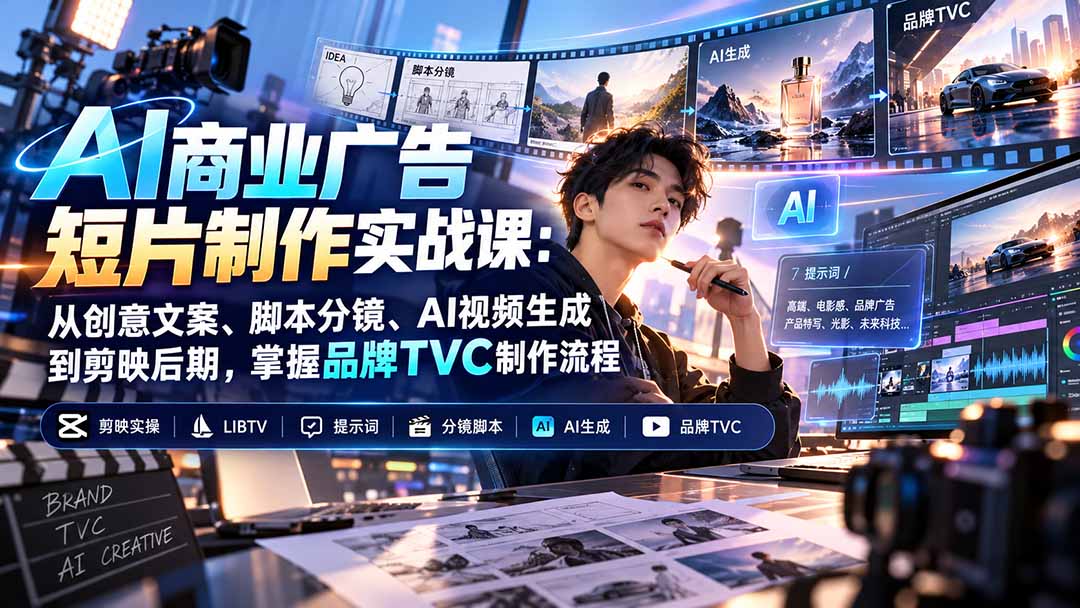 AI商业广告短片制作实战课:从创意文案、脚本分镜、AI视频生成到剪映后期,掌握品牌TVC制作流程-酷乐网