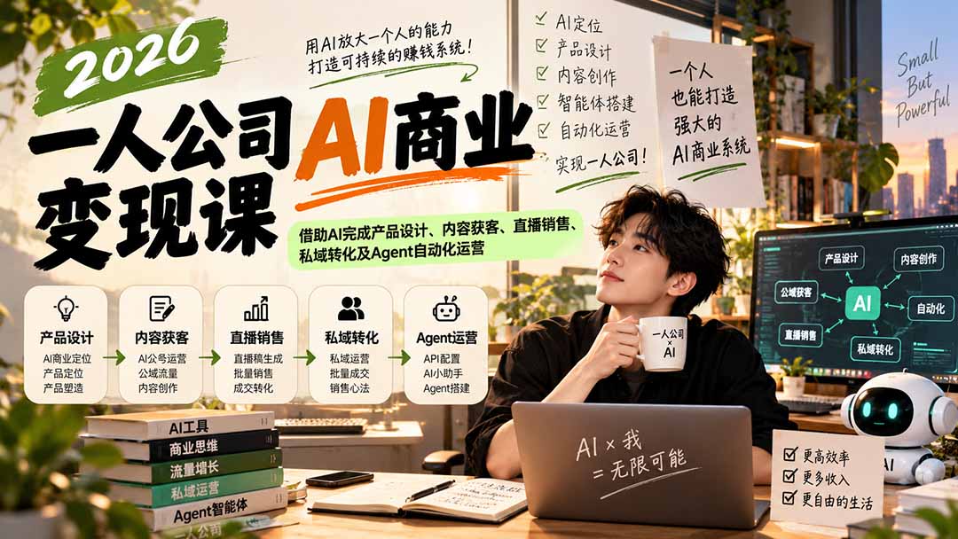 图片[1]-2026一人公司AI商业变现课：借助AI完成产品设计、内容获客、直播销售、私域转化及Agent自动化运营-酷乐网