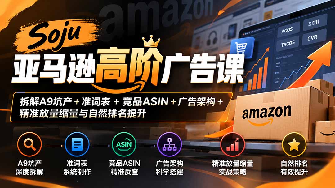 Soju亚马逊高阶广告课:拆解A9坑产+准词表+竞品ASIN+广告架构+精准放量缩量与自然排名提升-酷乐网