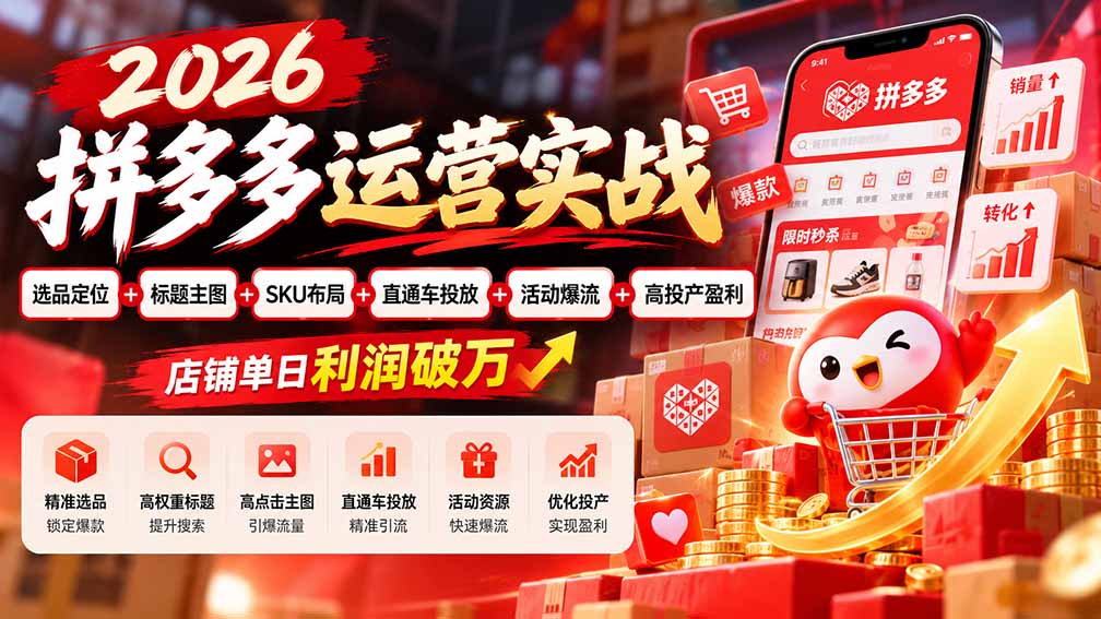 图片[1]-2026拼多多运营实战-更新1002：选品定位+标题主图+SKU布局+直通车投放+活动爆流+高投产盈利 店铺单日利润破万-酷乐网
