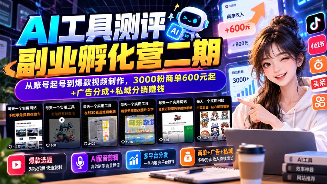 AI工具测评副业孵化营二期：从账号起号到爆款视频制作，3000粉商单600元起+广告分成+私域分销赚钱-酷乐网