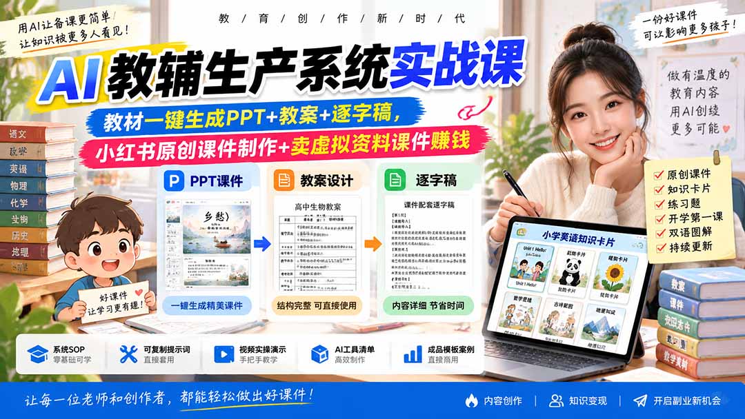 AI教辅生产系统实战课-更新0922|教材一键生成PPT+教案+逐字稿,小红书原创课件制作+卖虚拟资料课件赚钱-酷乐网