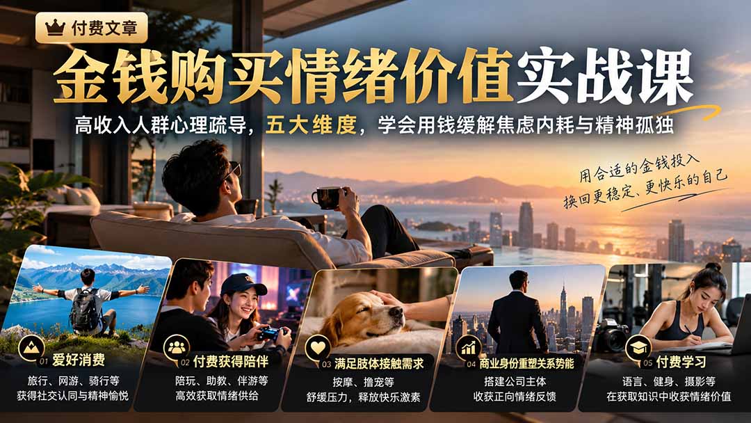 付费文章：金钱购买情绪价值实战课｜高收入人群心理疏导，五大维度，学会用钱缓解焦虑内耗与精神孤独-酷乐网