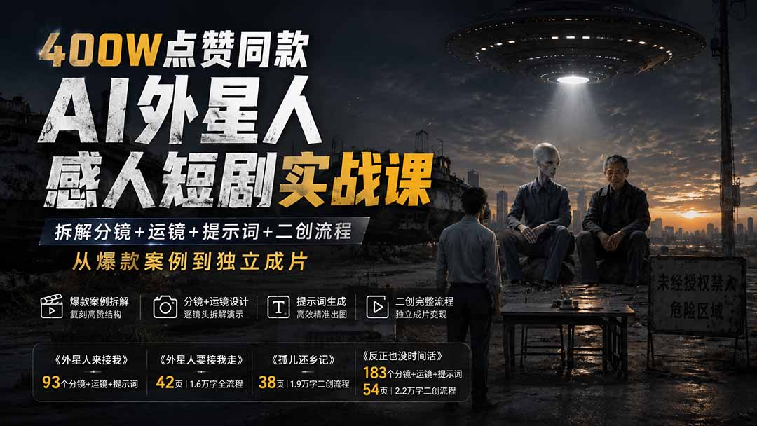 图片[1]-400W点赞同款AI外星人感人短剧实战课-更新1009：拆解分镜+运镜+提示词+二创流程，从爆款案例到独立成片-酷乐网