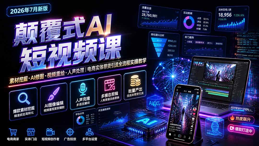 颠覆式AI短视频课-更新|素材挖掘,AI修图,视频重绘,人声处理|电商实体带货引流全流程实操教学-酷乐网