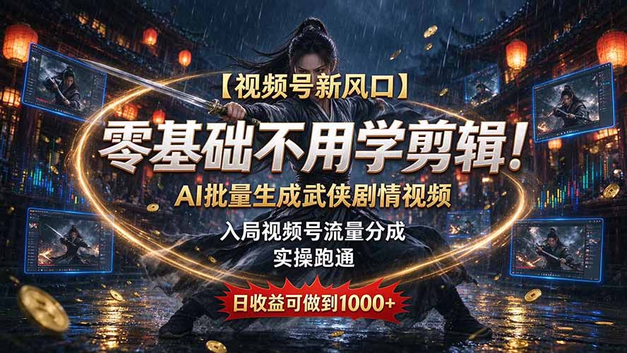 【视频号新风口】零基础不用学剪辑!AI 批量生成武侠剧情视频,入局视频号流量分成,实操跑通,日收益可做到 1000+-酷乐网