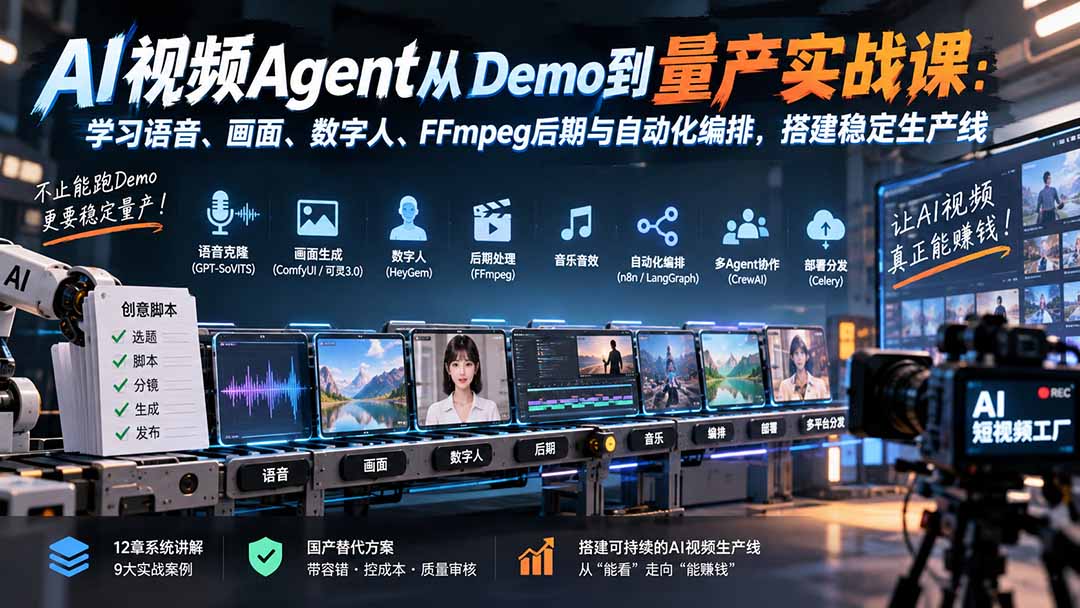 图片[1]-AI视频Agent从Demo到量产实战课：学习语音、画面、数字人、FFmpeg后期与自动化编排，搭建稳定生产线-酷乐网