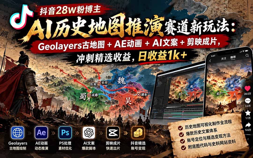 图片[1]-抖音28W粉博主AI历史地图推演赛道新玩法：Geolayers古地图+AE动画+AI文案+剪映成片，冲刺精选收益，日收益1k+-酷乐网